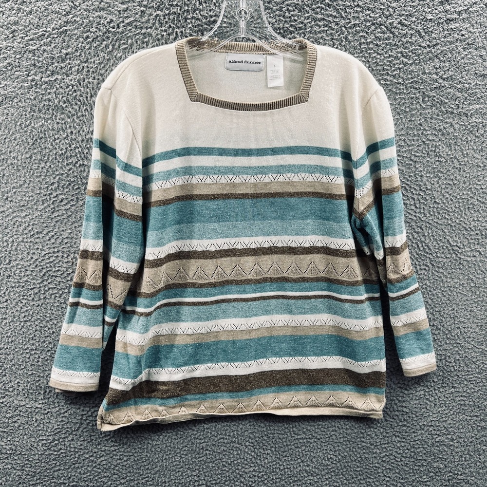 Vintage Women Knit Pullover Sweater L Geometric Stripe Coastal Minimalist Casual